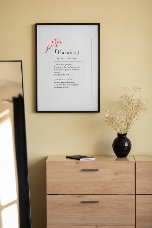 Affiche poétique Hakanai encadrée au mur - édition limitée A4 éphémère japonais