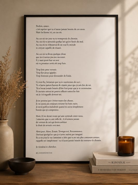 Affiche poétique Je viendrai te chercher encadrée dans un intérieur – La Hardiesse